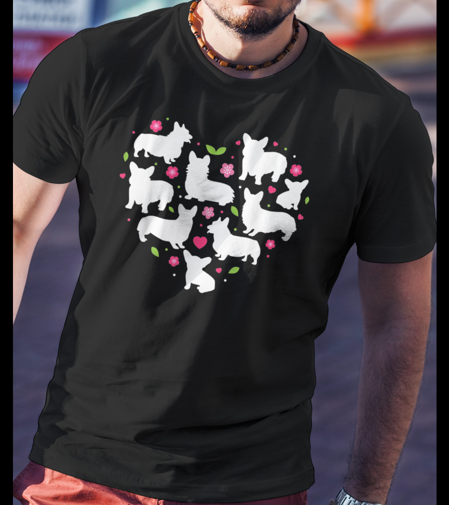 Corgi Silhouettes Heart Valentines Day Cute Dogs And Flowers T-Shirt