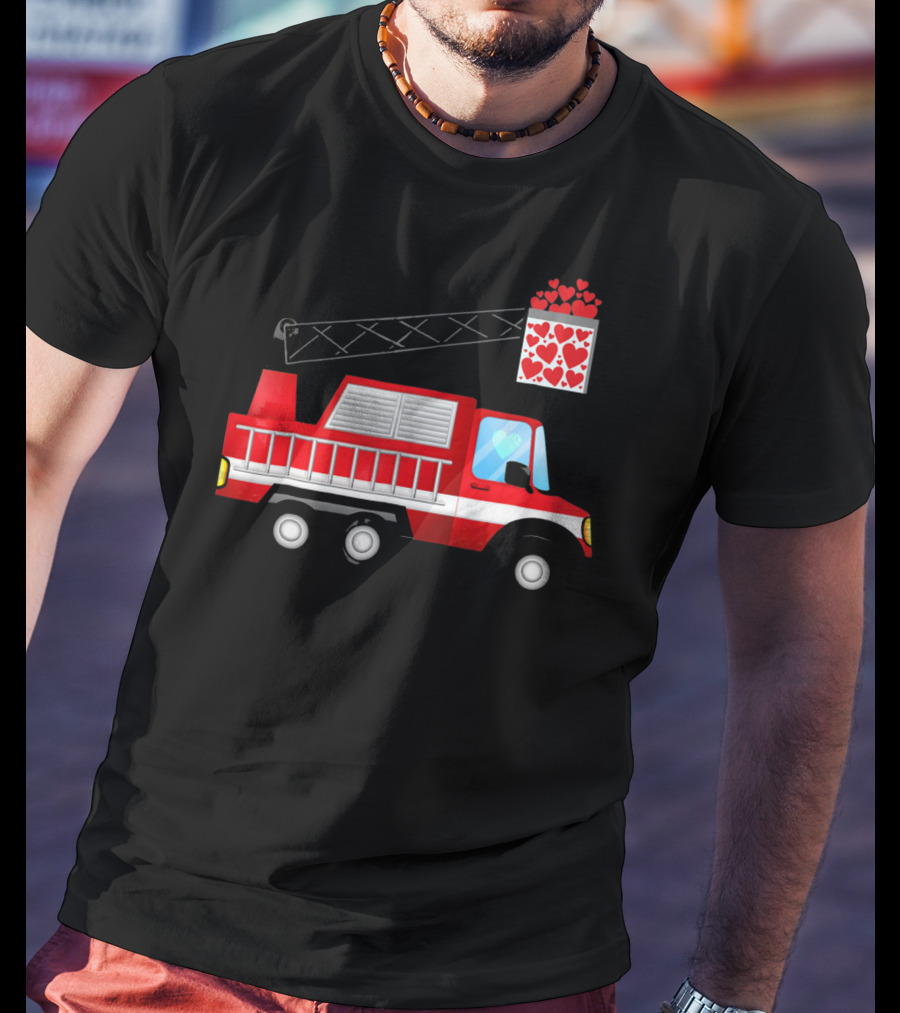 Valentine Hearts Fire Truck With Ladder And Firefighter Emblem T-Shirt