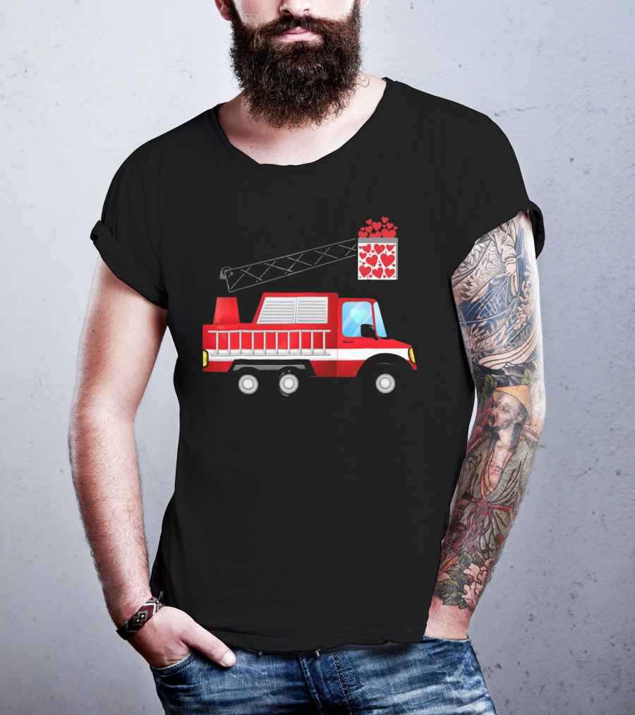 Valentine Hearts Fire Truck With Ladder And Firefighter Emblem T-Shirt