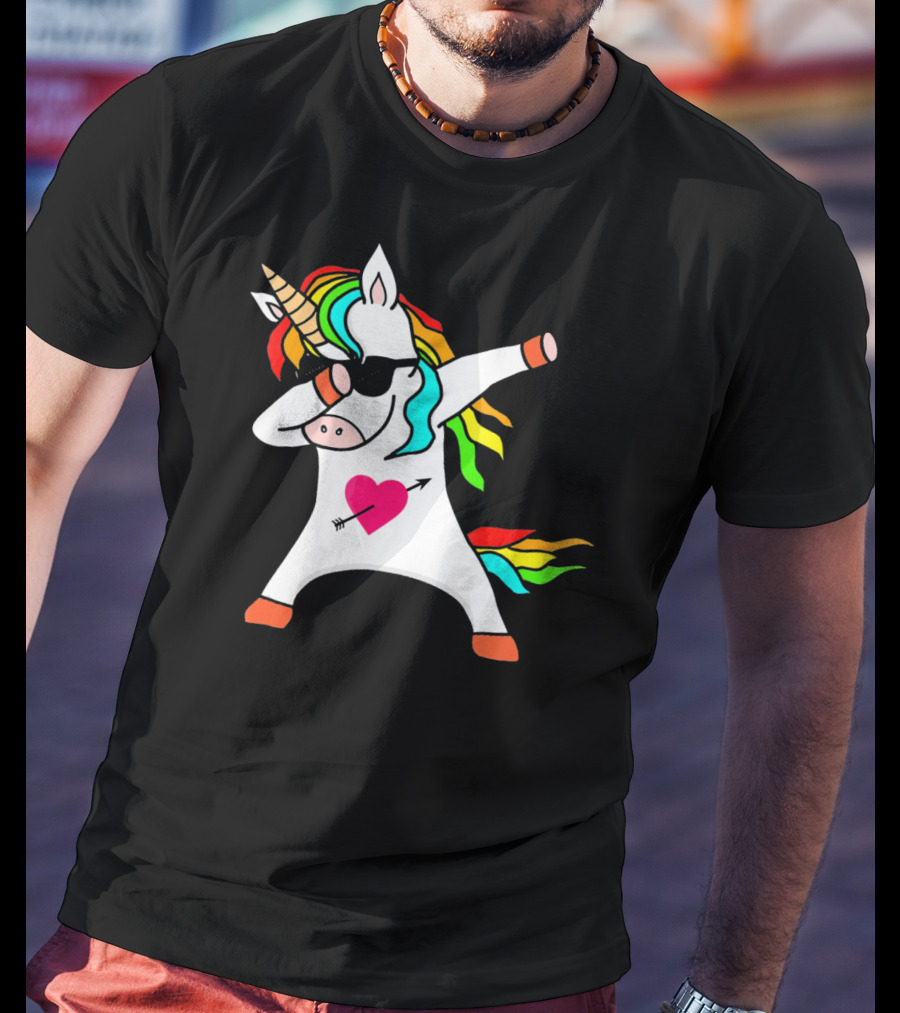 Funny Heart Valentines Day Dabbing Unicorn With Rainbow Mane And Sunglasses T-Shirt