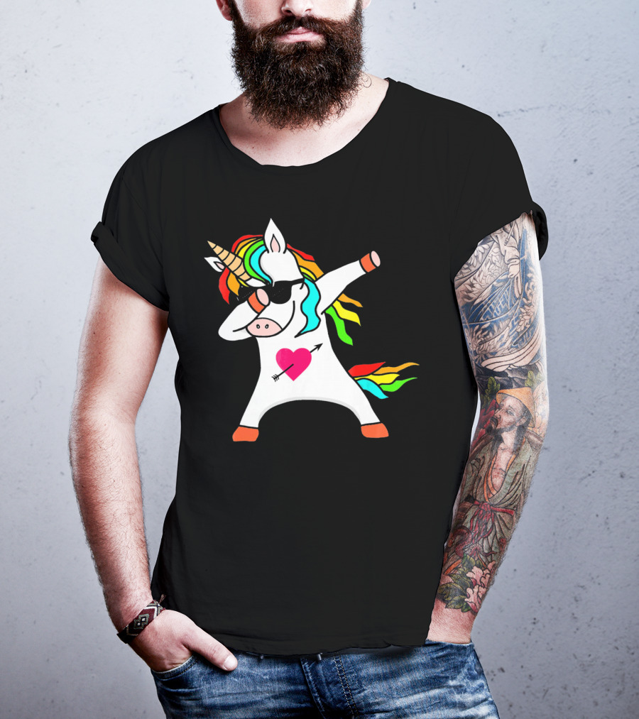 Funny Heart Valentines Day Dabbing Unicorn With Rainbow Mane And Sunglasses T-Shirt