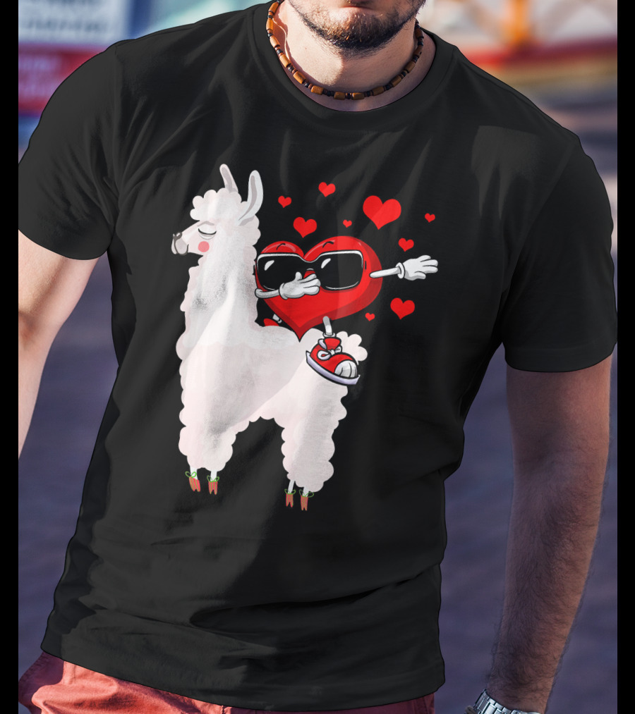 Funny Heart Dabbing On Llama Surrounded By Hearts Valentin T-Shirt