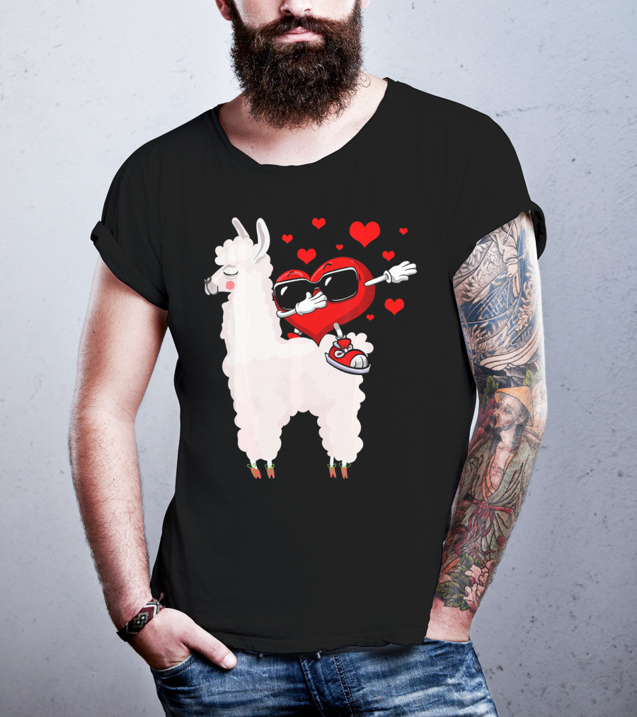 Funny Heart Dabbing On Llama Surrounded By Hearts Valentin T-Shirt