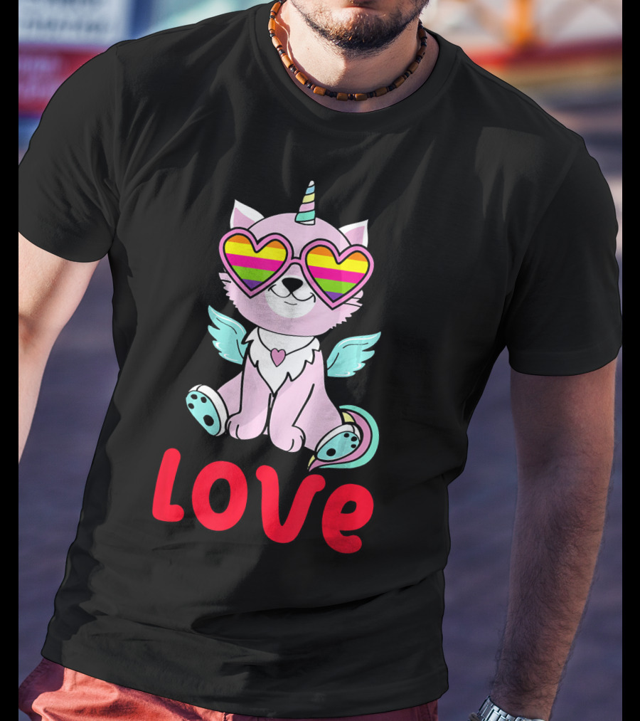 Valentines Day Love Heart Caticorn With Rainbow Sunglasses T-Shirt