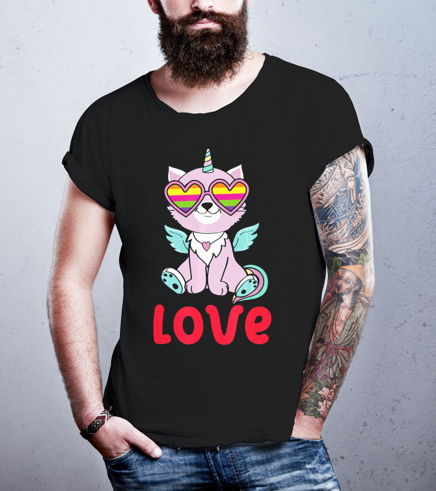 Valentines Day Love Heart Caticorn With Rainbow Sunglasses T-Shirt