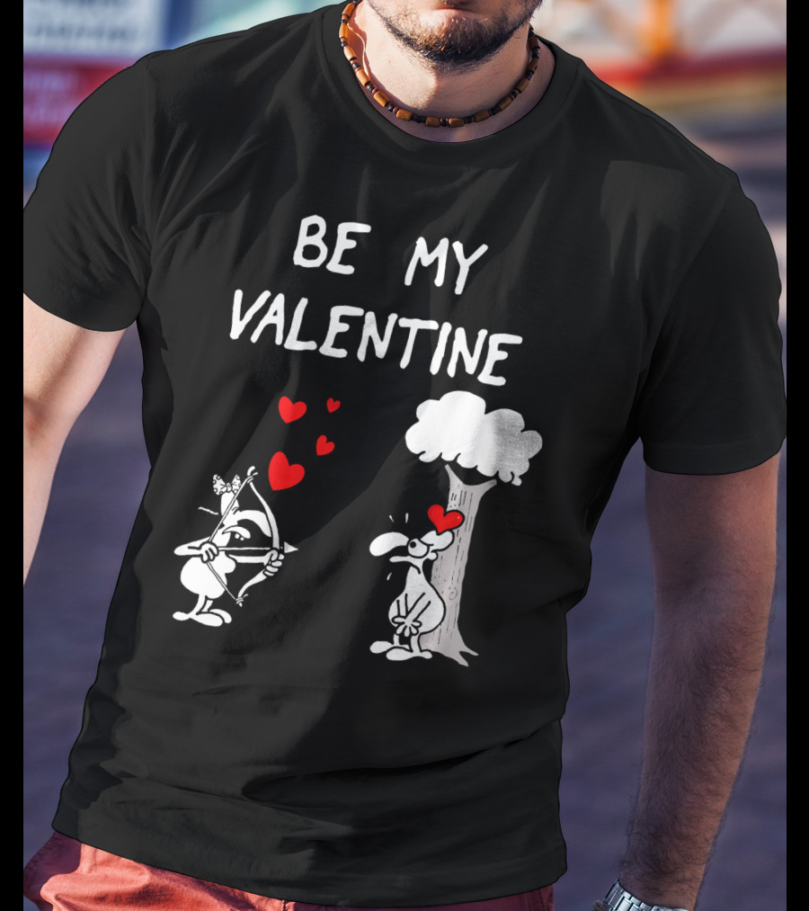 BE MY VALENTINE Funny Valentines Day Cupid Cartoon Hearts Tree T-Shirt