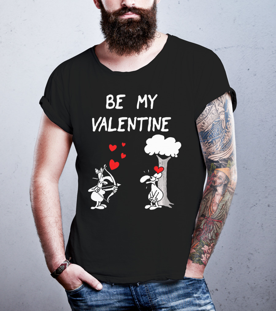 BE MY VALENTINE Funny Valentines Day Cupid Cartoon Hearts Tree T-Shirt