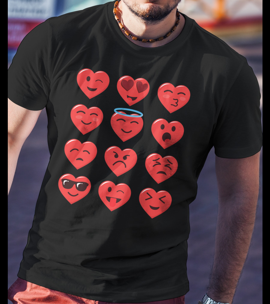 Funny Valentines Day Heart Emojico Winking Heart Eyes Angel Sunglasses Tongue Out T-Shirt