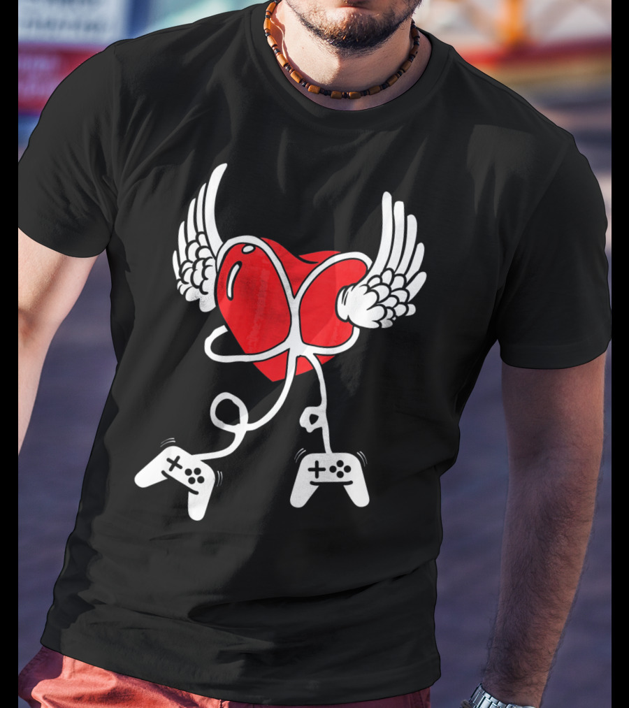 Valentines Day Heart With Wings And Video Gamer Controllers T-Shirt
