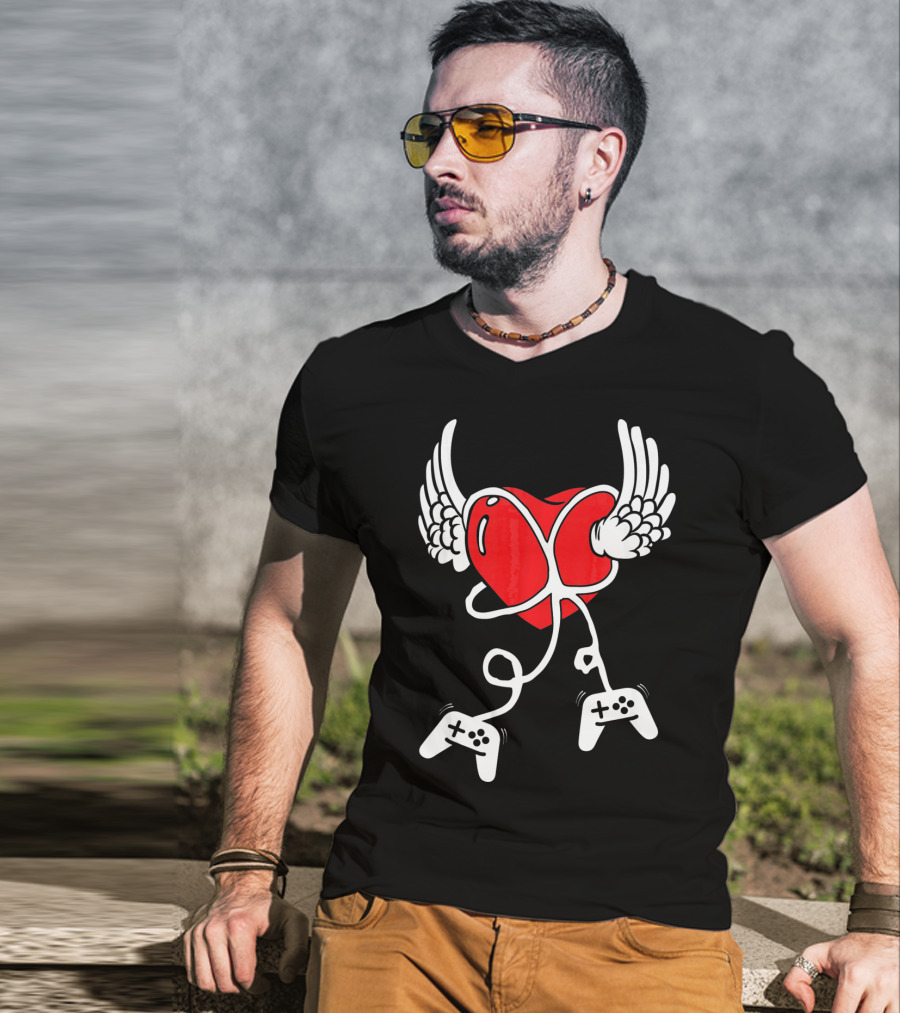 Valentines Day Heart With Wings And Video Gamer Controllers T-Shirt