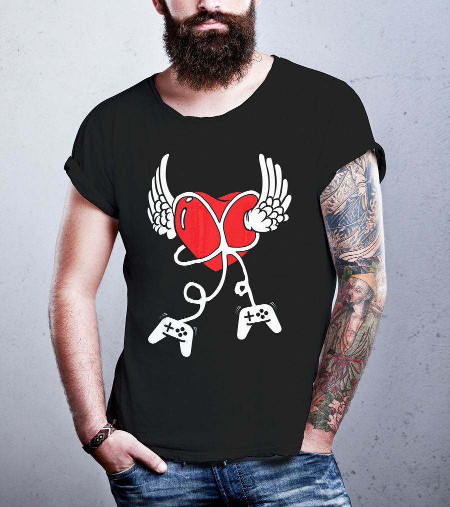 Valentines Day Heart With Wings And Video Gamer Controllers T-Shirt