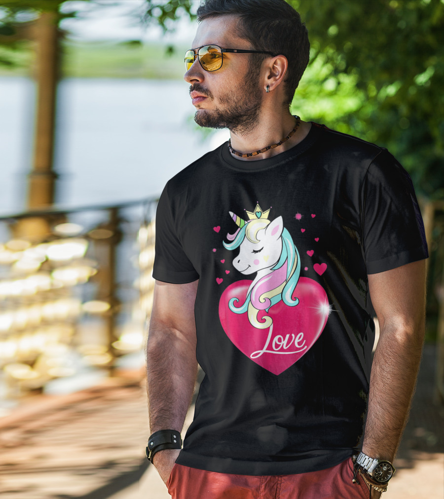 Love Heart Unicorn With Crown And Hearts Valentine's Day T-Shirt