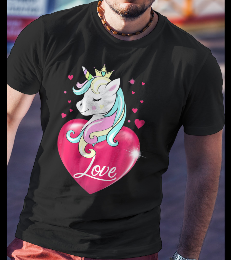 Love Heart Unicorn With Crown And Hearts Valentine's Day T-Shirt