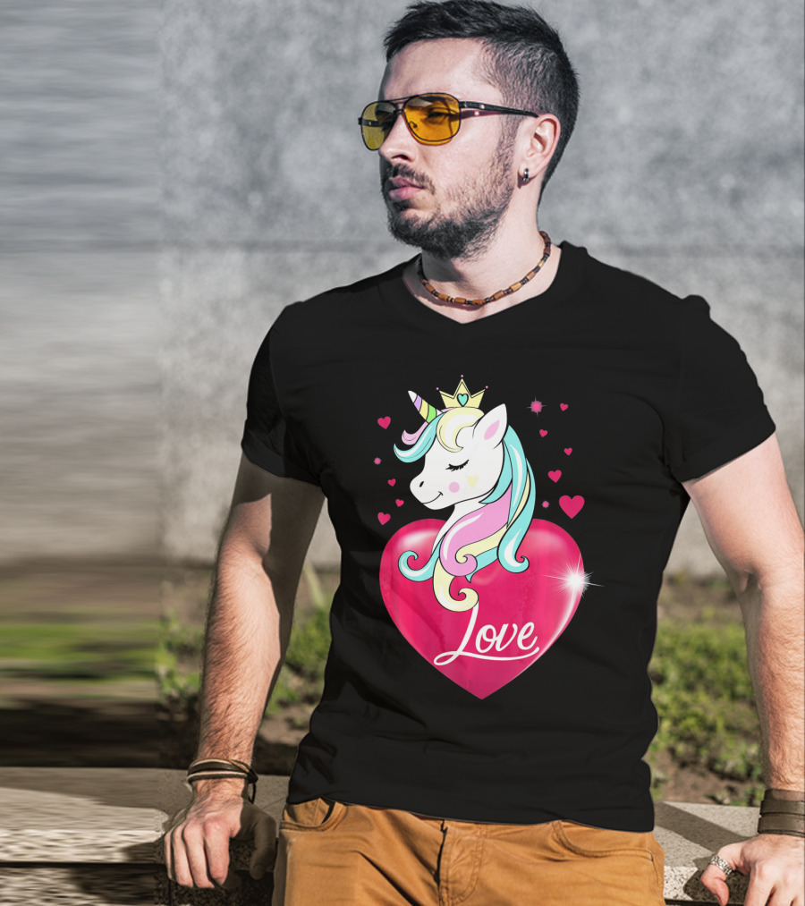 Love Heart Unicorn With Crown And Hearts Valentine's Day T-Shirt
