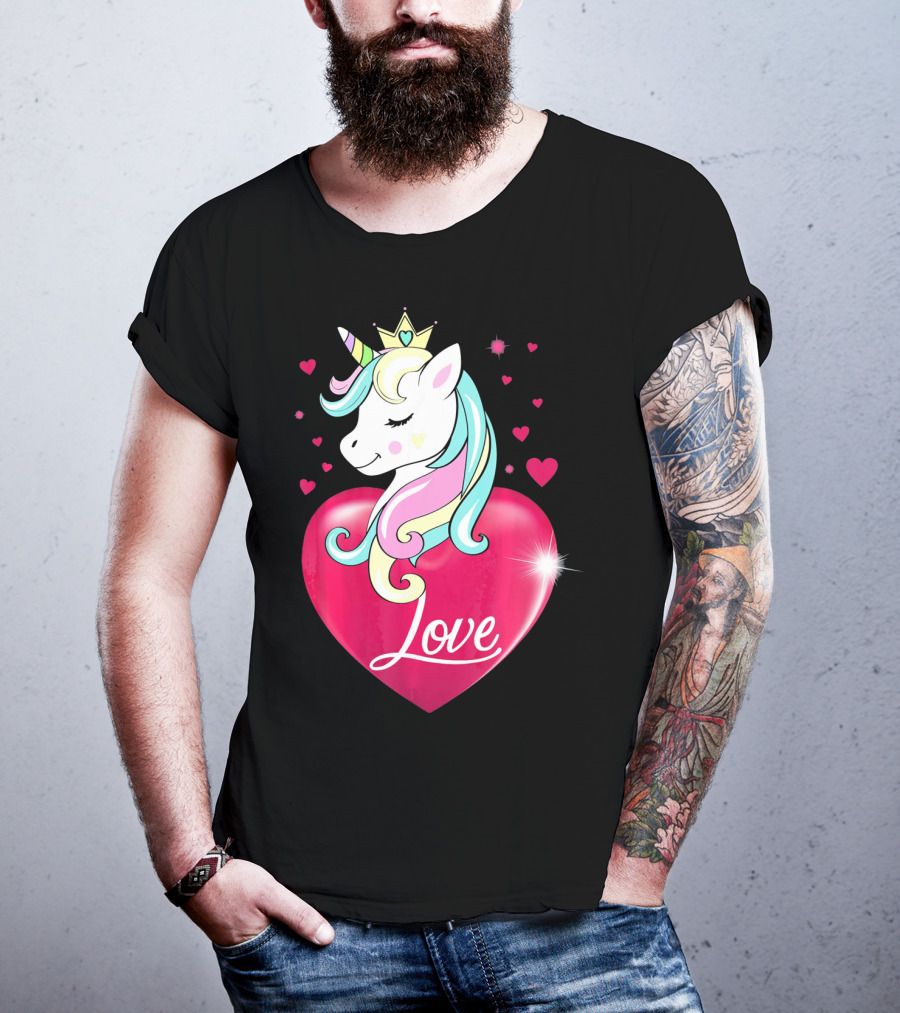 Love Heart Unicorn With Crown And Hearts Valentine's Day T-Shirt