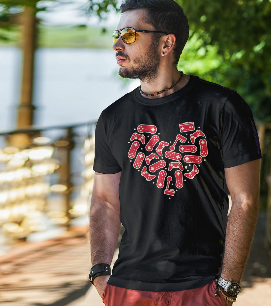 Gamer Valentines Day Couple Heart With Gaming Controllers And Joysticks T-Shirt