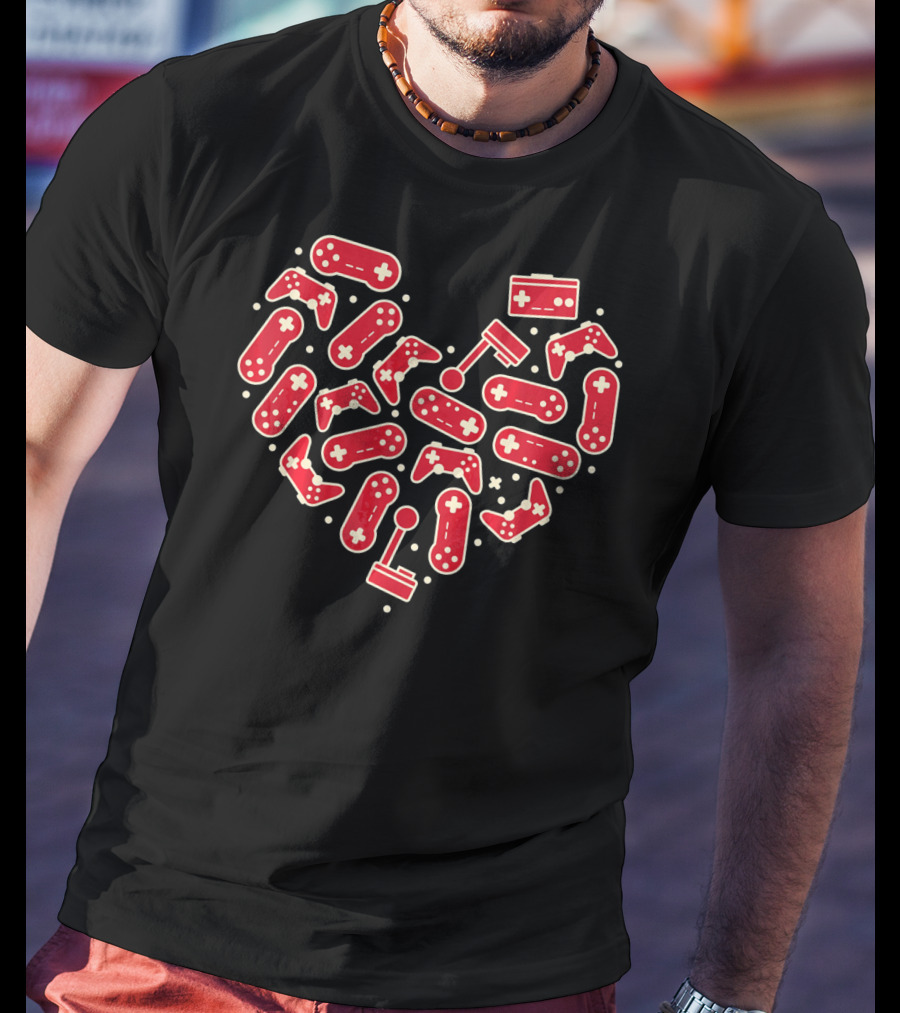 Gamer Valentines Day Couple Heart With Gaming Controllers And Joysticks T-Shirt