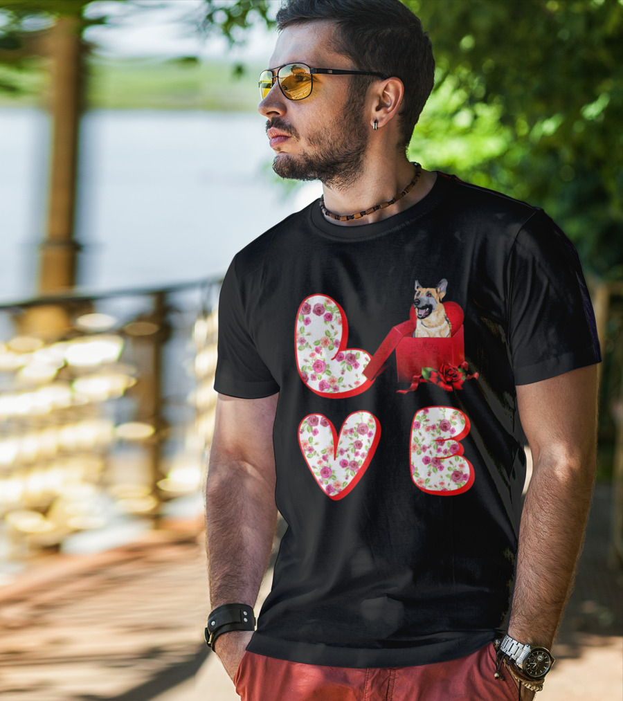 Valentine Love With German Shepherd In Floral Heart T-Shirt
