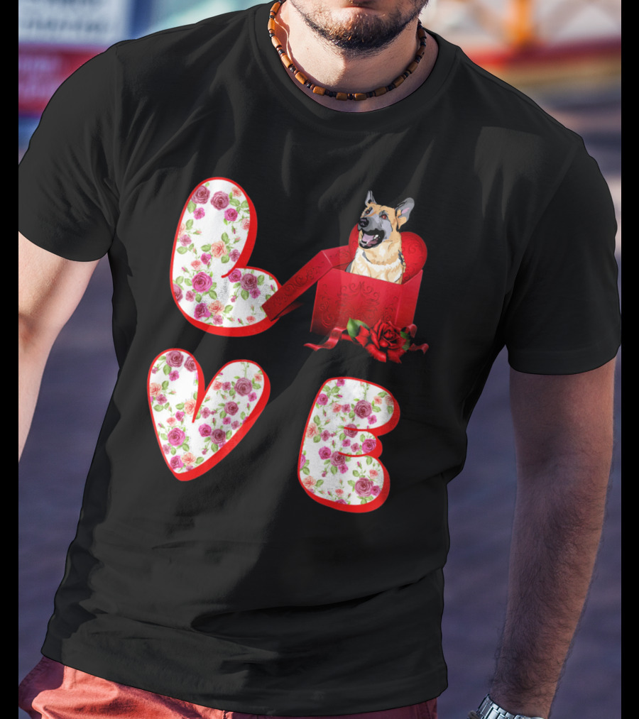 Valentine Love With German Shepherd In Floral Heart T-Shirt