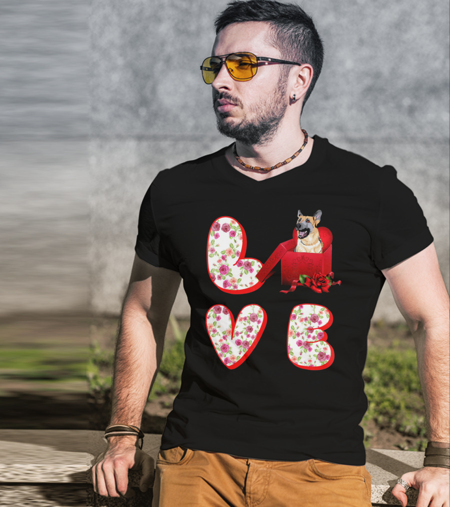 Valentine Love With German Shepherd In Floral Heart T-Shirt