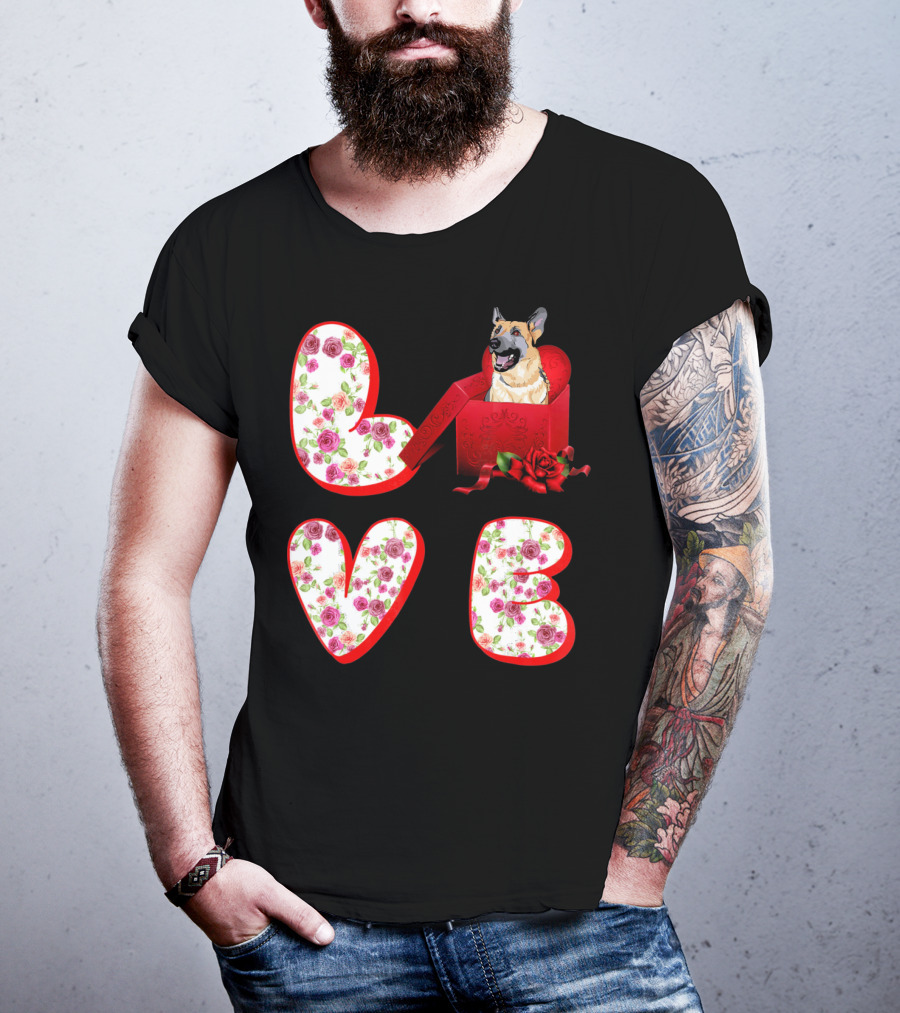 Valentine Love With German Shepherd In Floral Heart T-Shirt