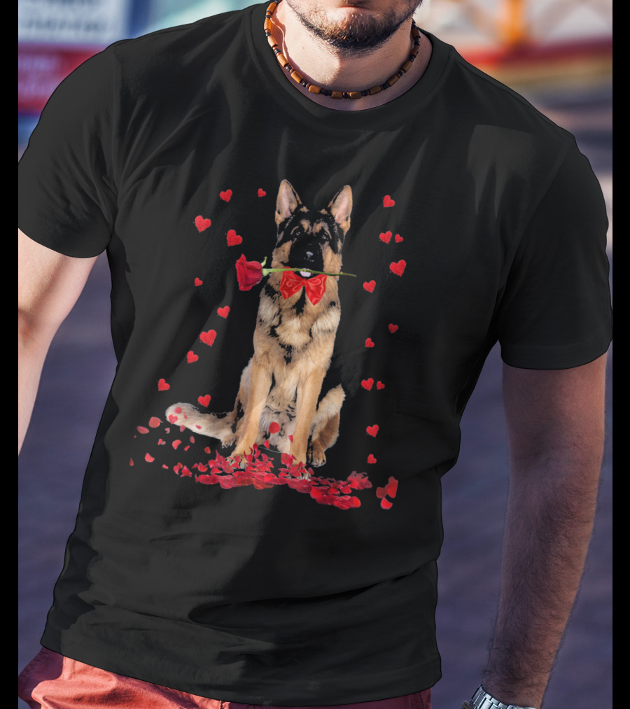 German Shepherd With Rose And Hearts Valentine's Day T-Shirt