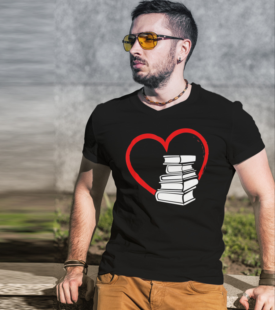 Heart And Book Stack For Book Lovers T-Shirt