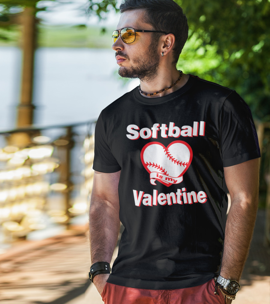 Girls Funny Cute Softball Is My Valentine T-Shirt