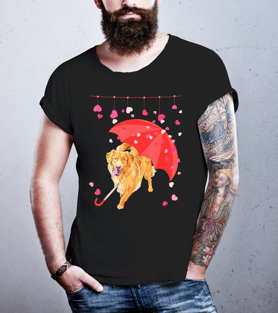Golden Retriever With Umbrella And Falling Hearts Valentin T-Shirt