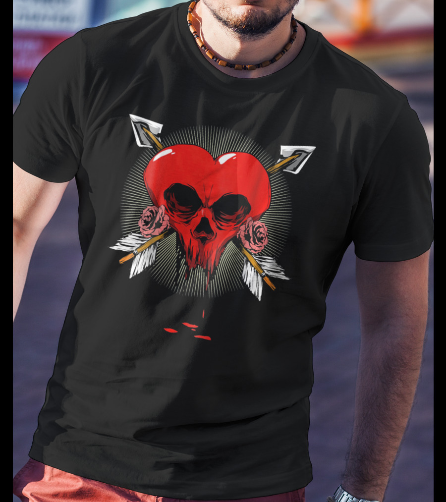 Gothic Heart Skull With Arrows And Roses Valentines Day T-Shirt