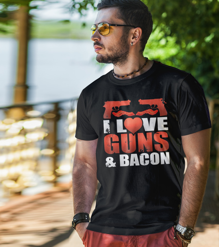 I Love Guns And Bacon Heart Symbol Pistols T-Shirt