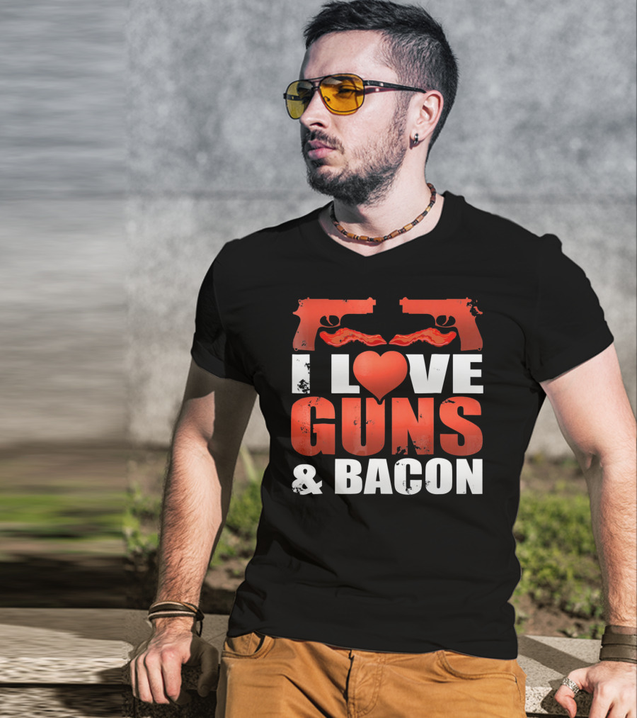 I Love Guns And Bacon Heart Symbol Pistols T-Shirt