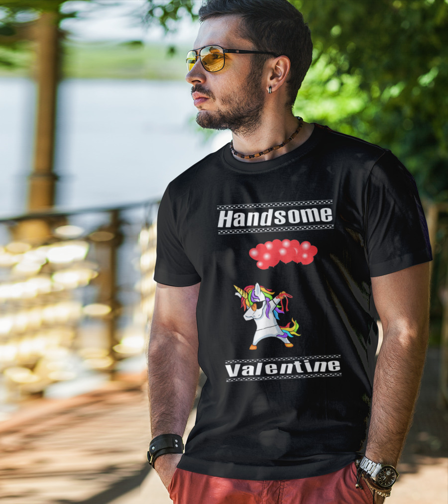 Handsome Valentine Unicorn Dab With Red Balloons T-Shirt