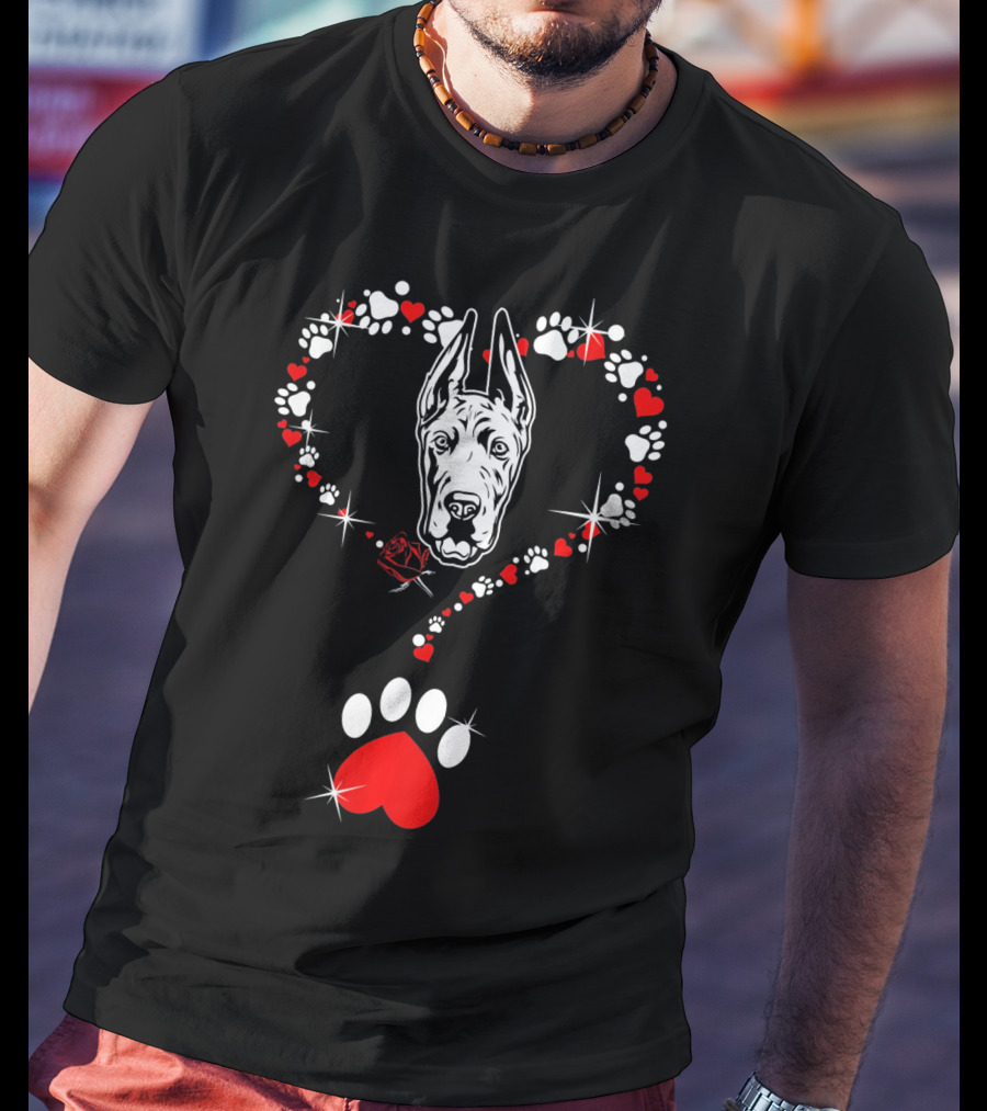 Happy Valentine Great Dane Dog Heart Pawprint T-Shirt