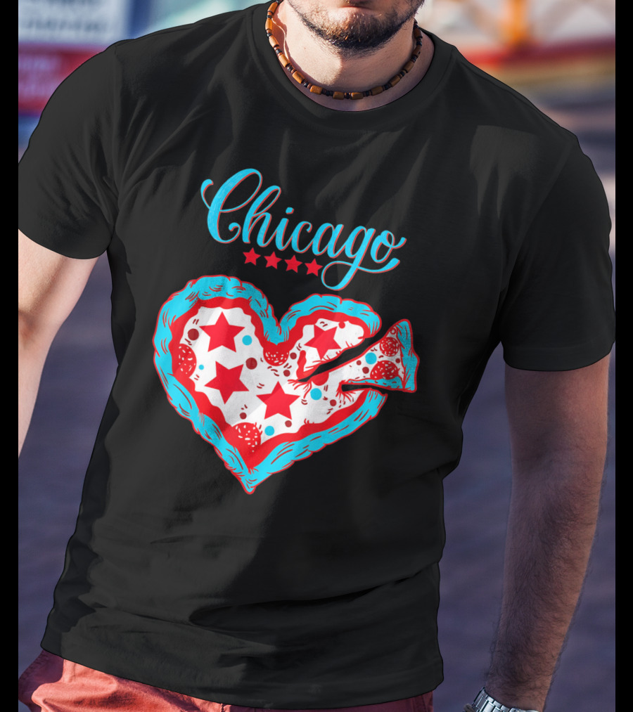 Chicago Heart Pizza Stars Valentines Day T-Shirt