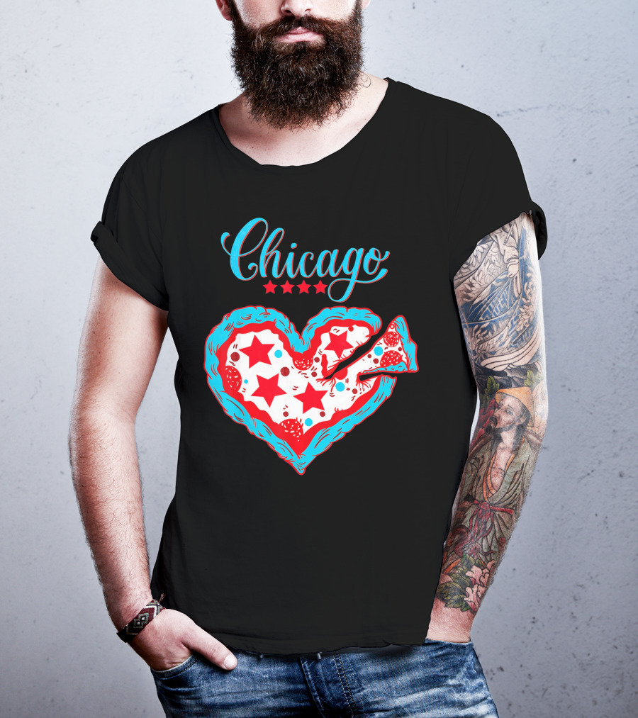 Chicago Heart Pizza Stars Valentines Day T-Shirt