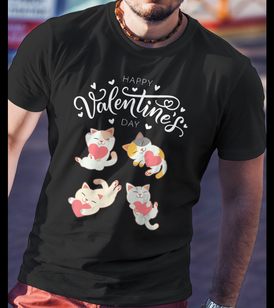 Happy Valentine's Day Four Cute Cats Holding Hearts T-Shirt
