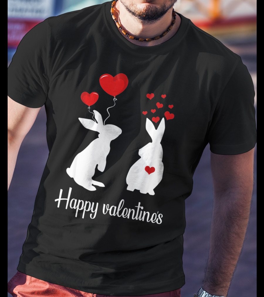 Happy Valentine's White Rabbits With Red Heart Balloons T-Shirt