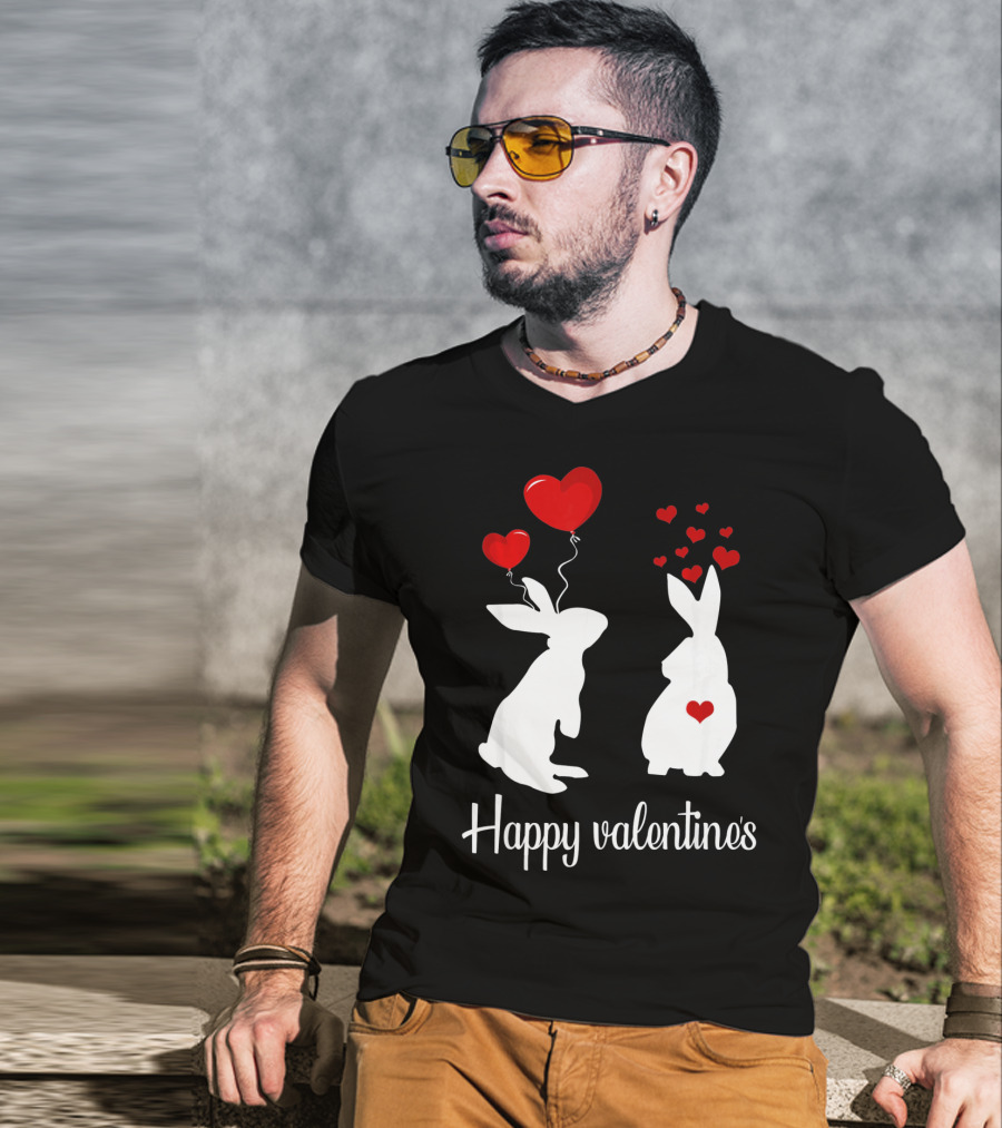 Happy Valentine's White Rabbits With Red Heart Balloons T-Shirt