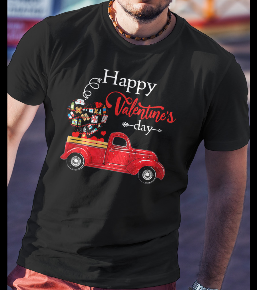 Happy Valentine's Day Red Truck With Heart-Shaped Balloons And Gifts T-Shirt