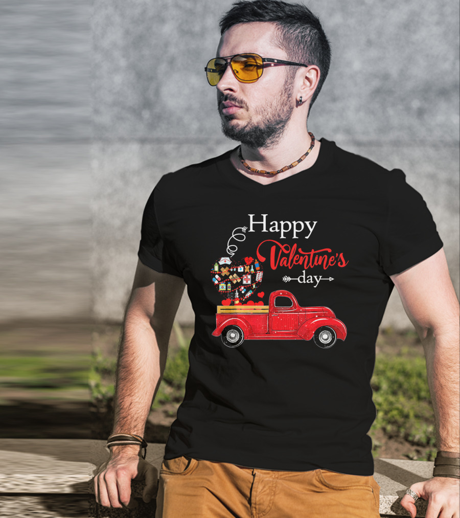 Happy Valentine's Day Red Truck With Heart-Shaped Balloons And Gifts T-Shirt