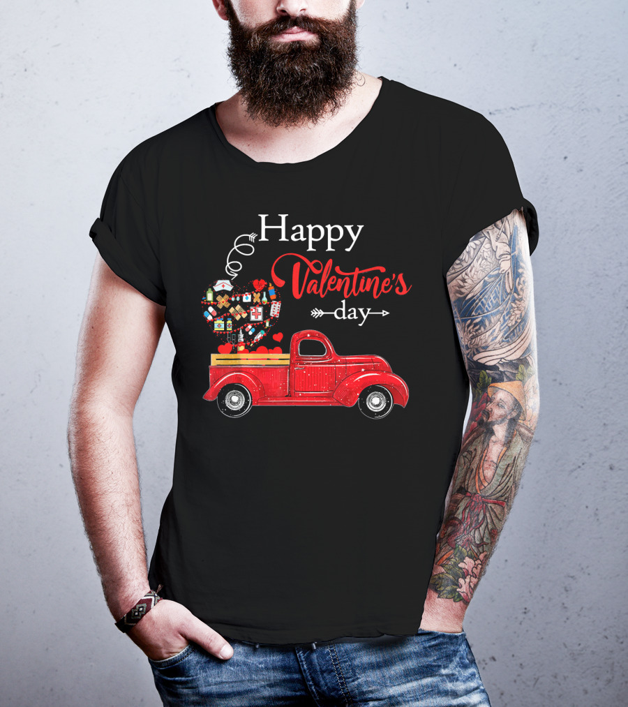 Happy Valentine's Day Red Truck With Heart-Shaped Balloons And Gifts T-Shirt