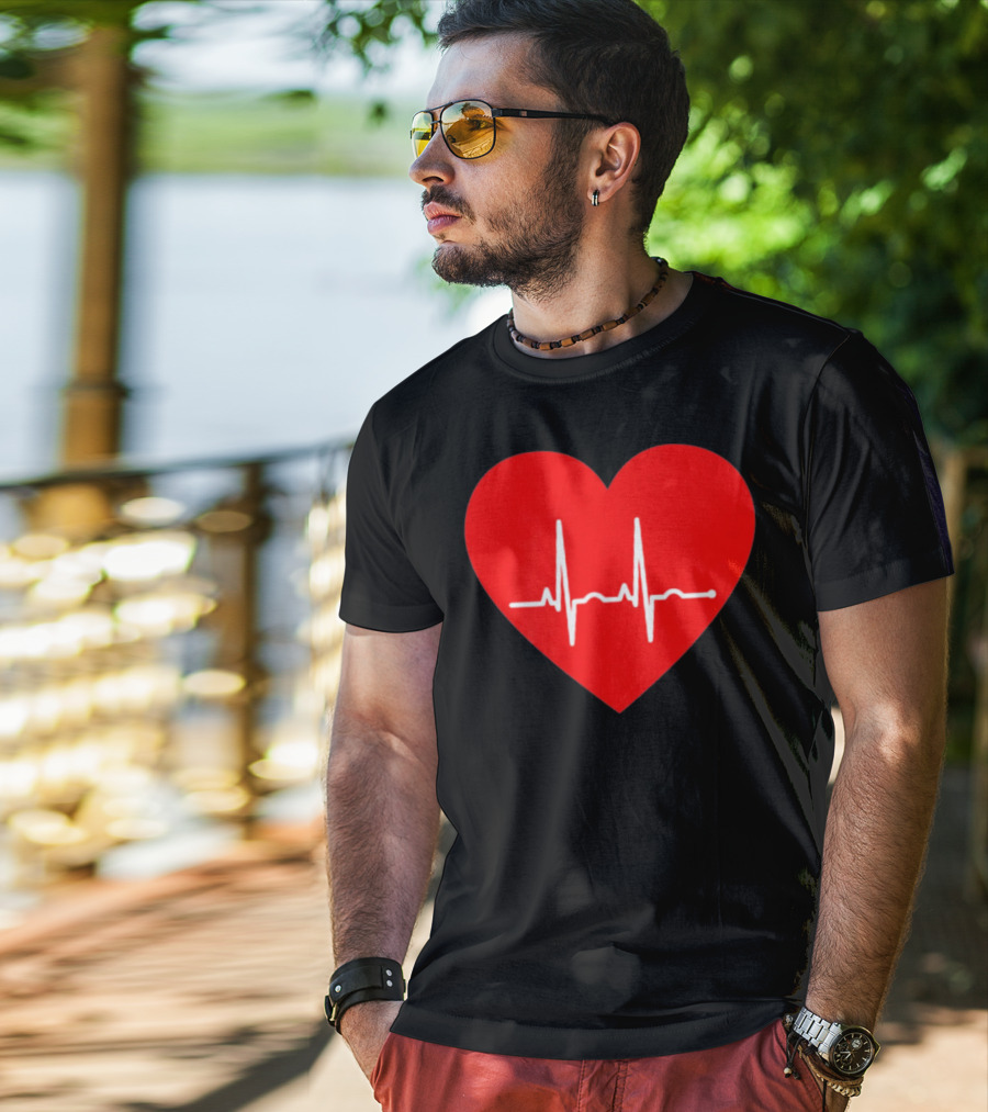 Red Heart With EKG Heartbeat Line T-Shirt