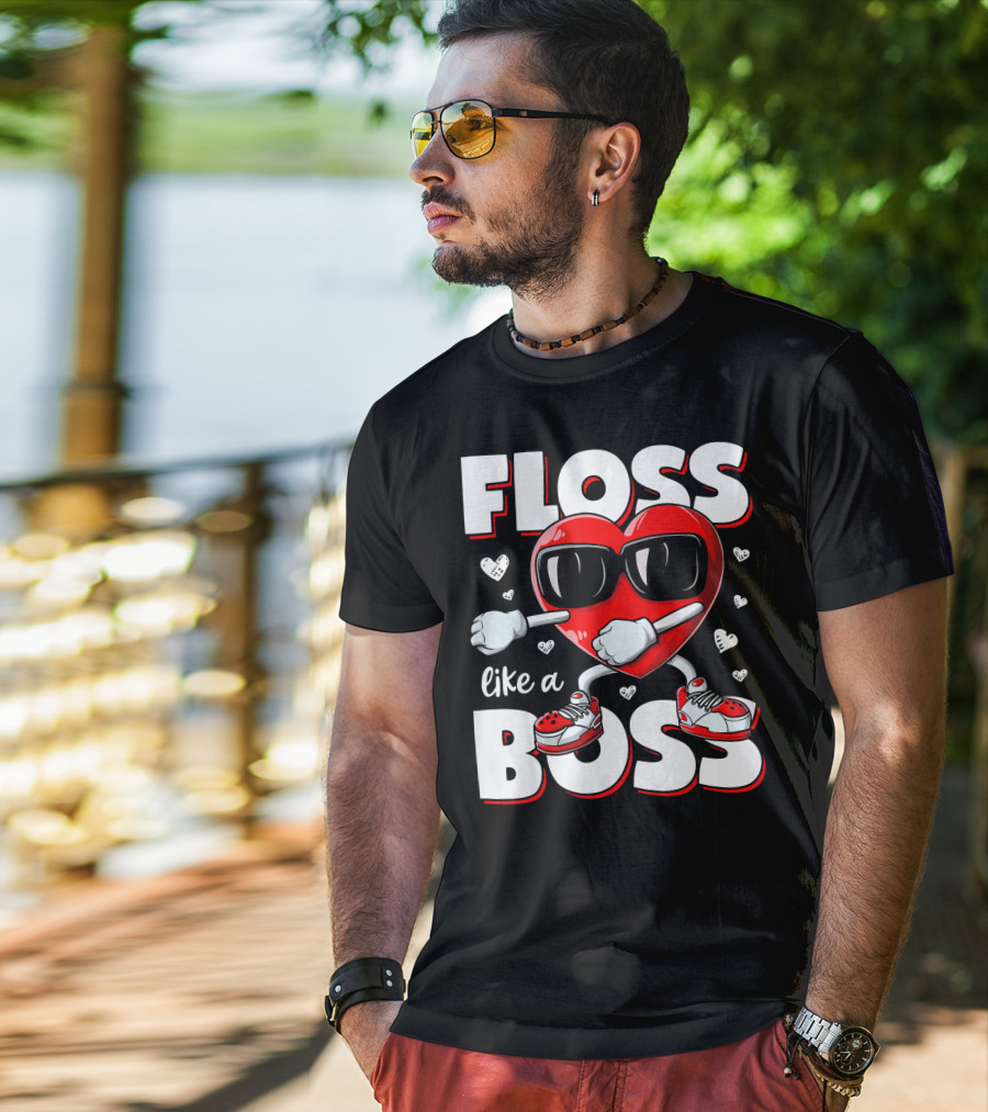 Floss Like A Boss Heart With Sunglasses Valentines Day T-Shirt