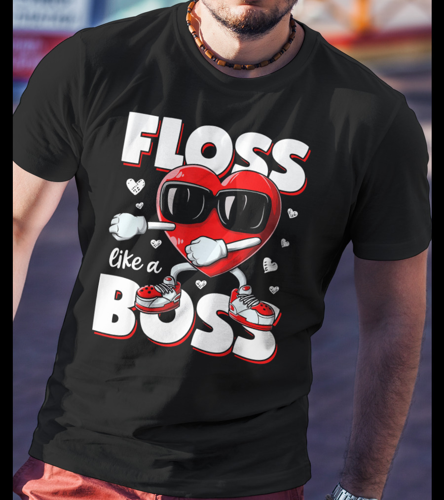 Floss Like A Boss Heart With Sunglasses Valentines Day T-Shirt