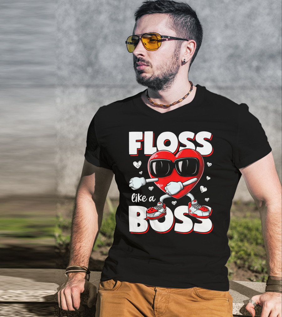 Floss Like A Boss Heart With Sunglasses Valentines Day T-Shirt