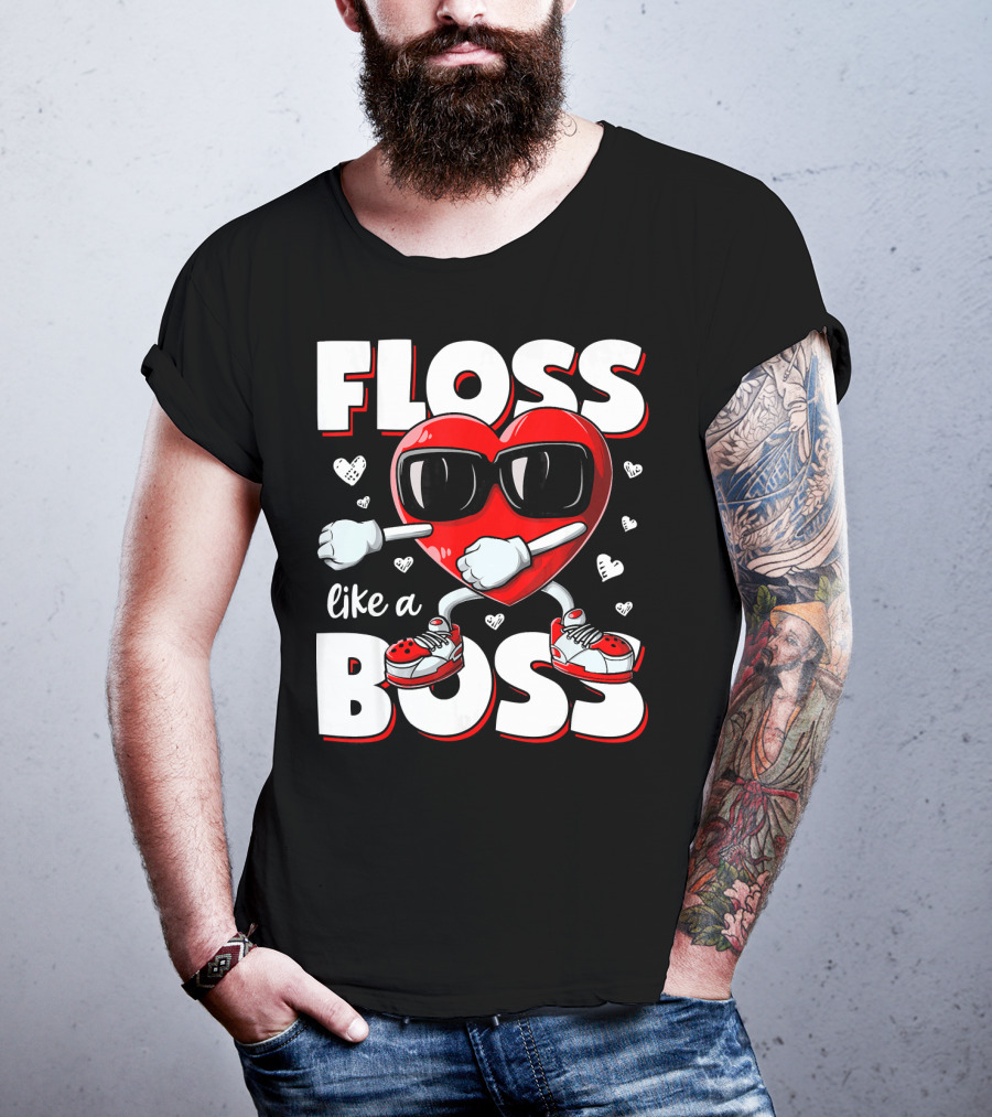 Floss Like A Boss Heart With Sunglasses Valentines Day T-Shirt