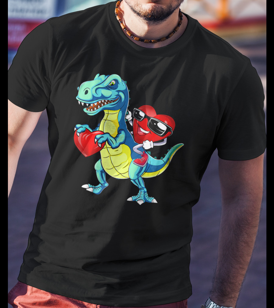 Valentine Heart With Sunglasses Riding Dinosaur With Heart T-Shirt