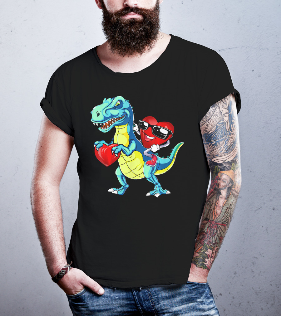 Valentine Heart With Sunglasses Riding Dinosaur With Heart T-Shirt
