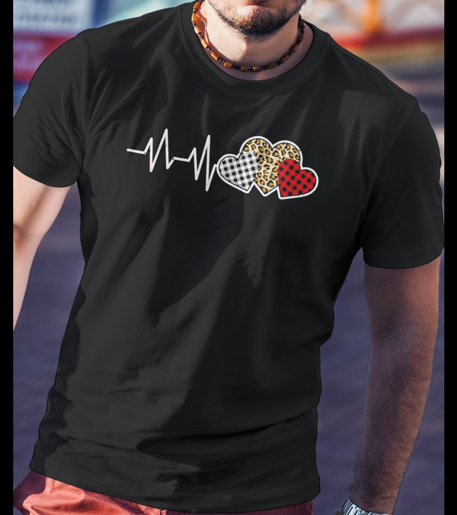 Heartbeat Three Patterned Hearts Leopard Buffalo Plaid T-Shirt